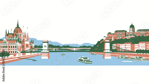 Cuadro en lienzo Budapest skyline with Parliament building and Danube river, flat design illustra