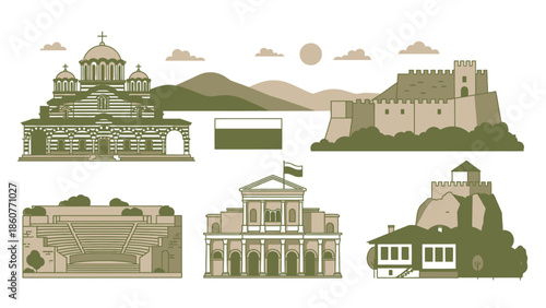 Bulgarian Landmarks Collection: Church, Fortress, Amphitheater, Theatre, Houses