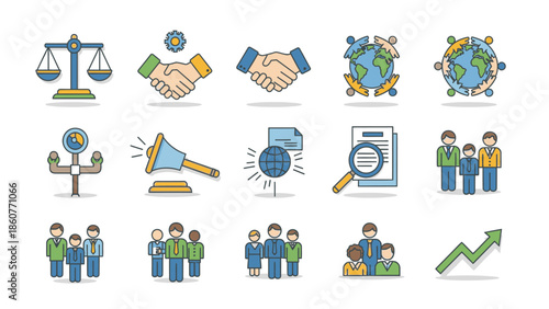 Business Icons Set: Partnership, Global Network, Teamwork, Legal, Growth