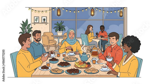 A heartwarming illustration of a diverse community sharing a festive meal, fostering connection and celebrating cultural harmony in a cozy setting