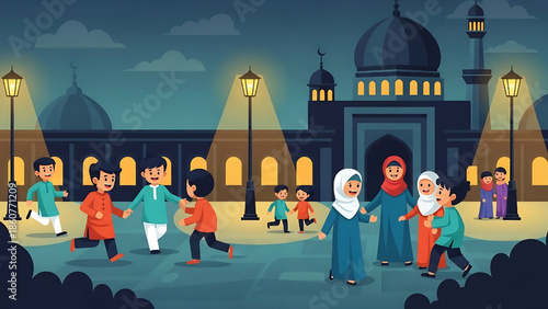 Joyful Muslim children play under the glowing lanterns in front of a grand mosque at night, celebrating a festive holiday with family and community spirit
