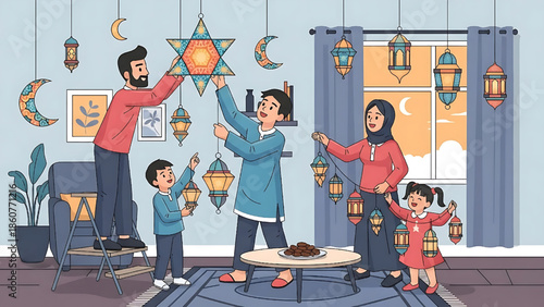 A Joyful Muslim Family Decorating Their Home with Colorful Lanterns and Crescent Moons for a Festive Ramadan Celebration, Creating a Warm and Inviting Atmosphere