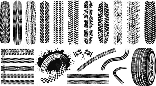 Tire tread marks after skidding, launch, drift, powerslide in motorsport, rally, off-road, motocross. Wheel texture with splash effect. Vector, transparent background EPS version.