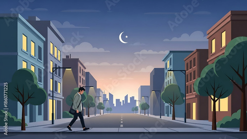 A lone pedestrian walks through a tranquil city street at dawn or dusk, flanked by urban buildings and trees under a soft sky with a crescent moon