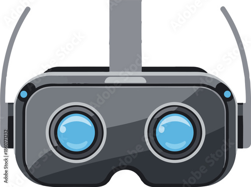 A detailed flat vector illustration of a virtual reality headset. The sleek black and grey goggles feature blue lenses, symbolizing immersive gaming, simulation, and modern VR technology.