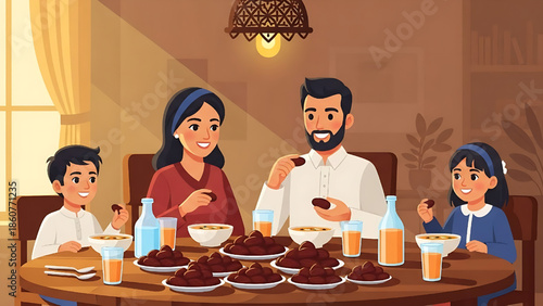A Muslim Family Enjoying a Festive Iftar Meal Together at Home