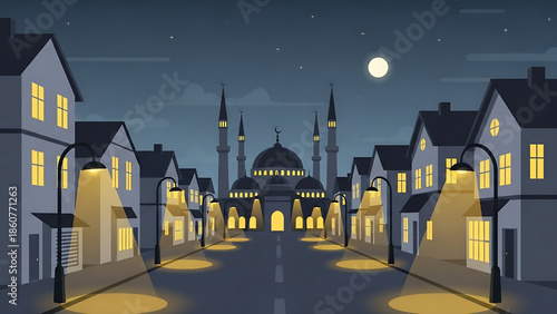 Enchanting nighttime street scene leading to a magnificent mosque, its minarets brightly illuminated under the soft glow of a full moon, creating a tranquil urban landscape