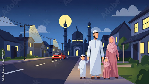 A Muslim family, parents and children, walks hand-in-hand down a quiet street at night. A mosque under a full moon symbolizes peace, community, and faith