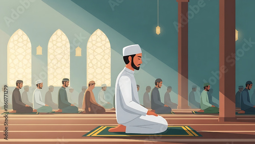 Muslim men devoutly praying in a mosque, observing their religious customs and traditions with solemn reverence and spiritual focus under soft light