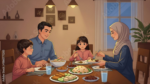 A Muslim family enjoys a festive meal together, celebrating togetherness and tradition