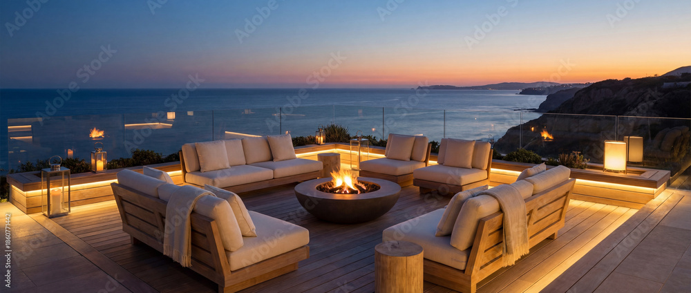 Fototapeta premium Contemporary luxury villa with large swimming pool, clean modern architecture, glass railings, tropical landscaping, bright daylight, high-end real estate 