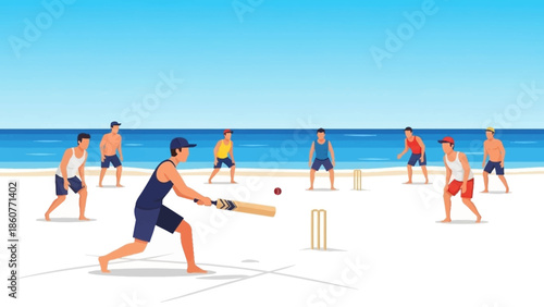 Men playing cricket on a beach with ocean backdrop during daytime
