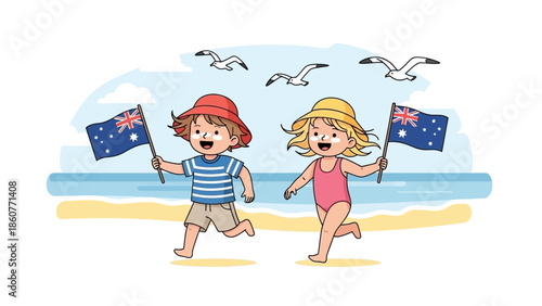 Joyful Australian Children Running on Sunny Beach with Flags