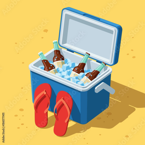 A blue cooler filled with ice and bottles on a sunny day with flip flops nearby