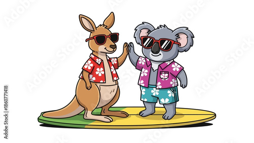 Kangaroo and Koala standing on Surfboard together in a friendly gesture