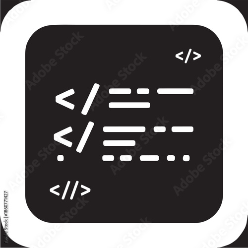 A minimalist black and white vector icon featuring coding syntax and programming brackets on a rounded dark square background. It symbolizes software development, script writing, and computer code.