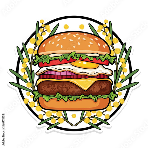 A detailed illustration of a burger with various toppings surrounded by leaves and flowers in a circular frame