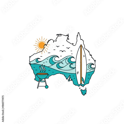 Australia map illustration with surfboard, barbecue and waves