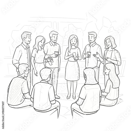 Diverse group of people in casual conversation, sketch style, community gathering, discussion