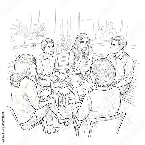 Diverse group of people in discussion around a table, sketch style