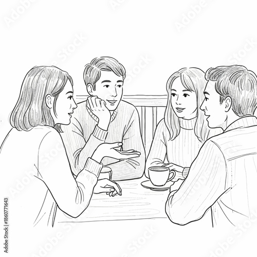 Four Friends Chatting Over Coffee at a Table - Hand-Drawn Illustration