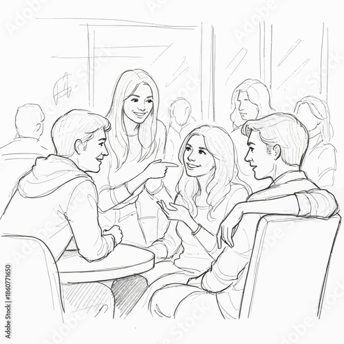 Friends chatting and socializing in a cafe or restaurant, hand-drawn sketch