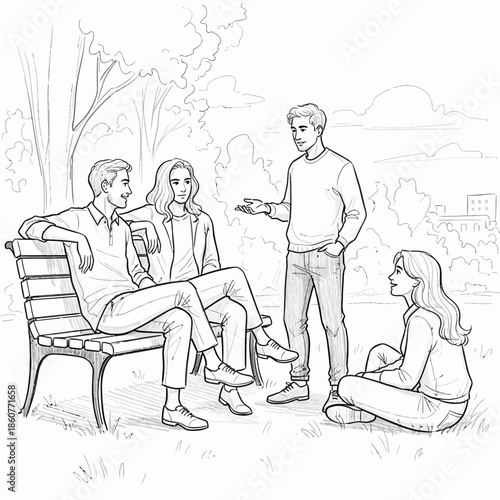 Friends chatting in a park, illustration, outdoor conversation, relaxation, social gathering