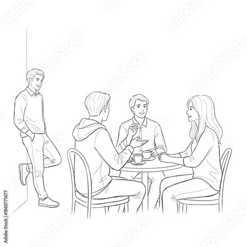 Friends socialising at cafe, casual meeting, conversation, sketch art style