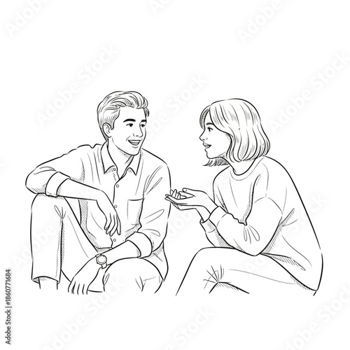 Happy couple talking and smiling, line art illustration, casual conversation
