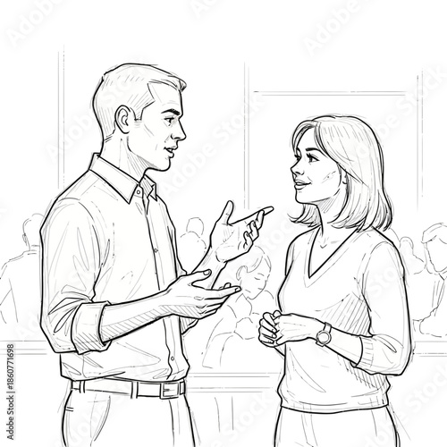 Man and woman in business meeting, discussing ideas, colleagues talking, professional communication