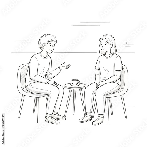 Two people talking and drinking coffee at a cafe, line art illustration