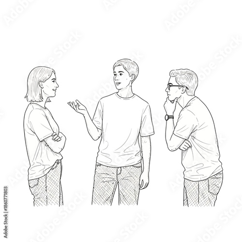 Three people talking, sketch style, diverse friends discussing ideas, teamwork, communication