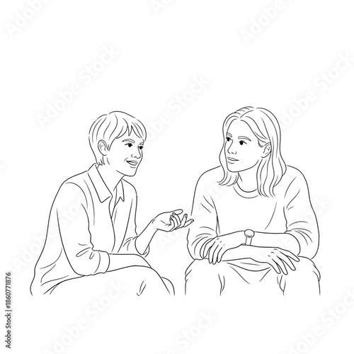 Two women talking and gesturing in a friendly conversation, line art illustration