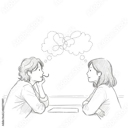 Two women talking, thought bubbles above their heads, sketch illustration