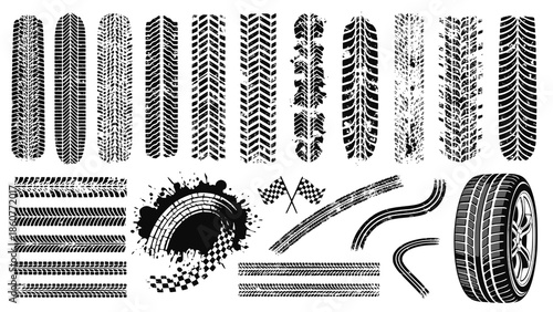 Tire tread marks after skidding, launch, drift, powerslide in motorsport, rally, off-road, motocross. Wheel texture with splash effect. Vector, transparent background PNG version.