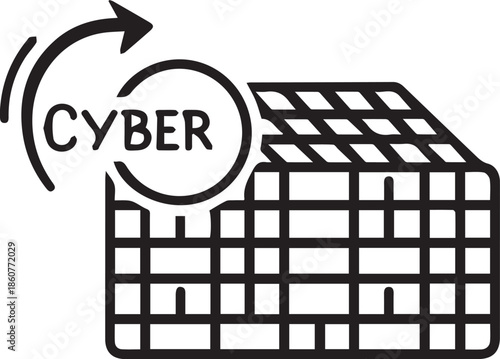 A black line art vector featuring a computer keyboard grid with a circular "CYBER" logo and a curved refresh arrow. It represents cybersecurity, digital updates, and tech protection.