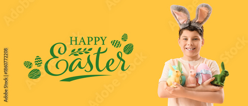 Teenage boy in bunny ears w...