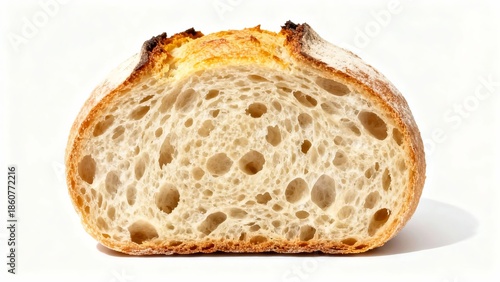 Sliced sourdough bread with airy crumb and golden crust