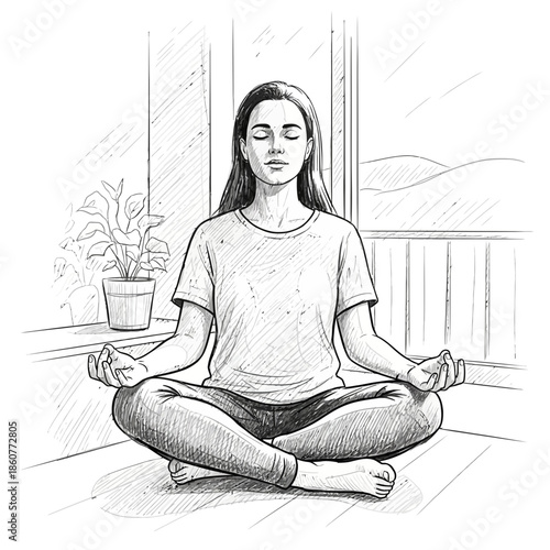Woman Meditating in Lotus Pose Indoors, Peaceful Mind, Sketch Style