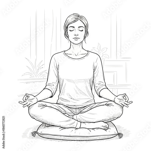 Woman Meditating in Lotus Pose on Cushion, Zen Mindfulness Illustration