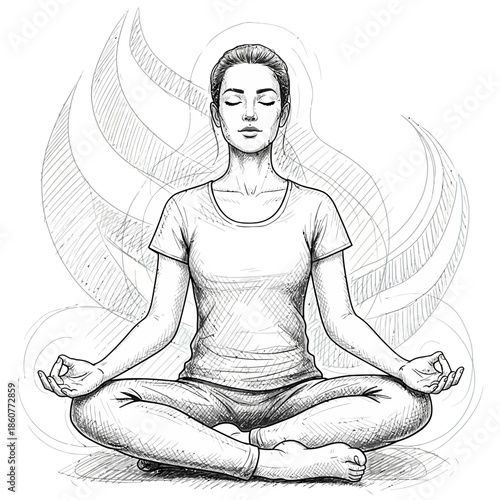 Woman Meditating in Lotus Pose with Swirling Energy Background - Sketch Art