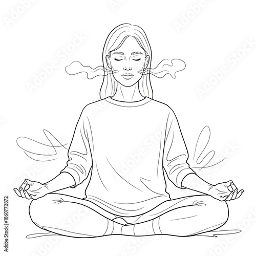 Woman meditating in lotus pose, breathing deeply, illustration, tranquil mind, self care