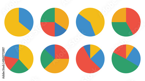Colorful Pie Charts Vector, Data Visualization and Statistical Infographic Graphs, Featuring Business, Finance, Marketing, and Statistical Data Representations, Presentation Graphics,