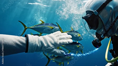 Diver interacts with a school of tuna fish underwater, ocean life.