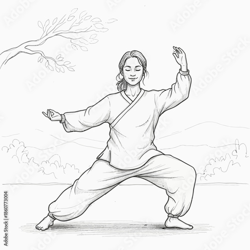 Woman practicing Tai Chi in serene landscape, mindfulness, martial arts, meditation, healthy lifestyle