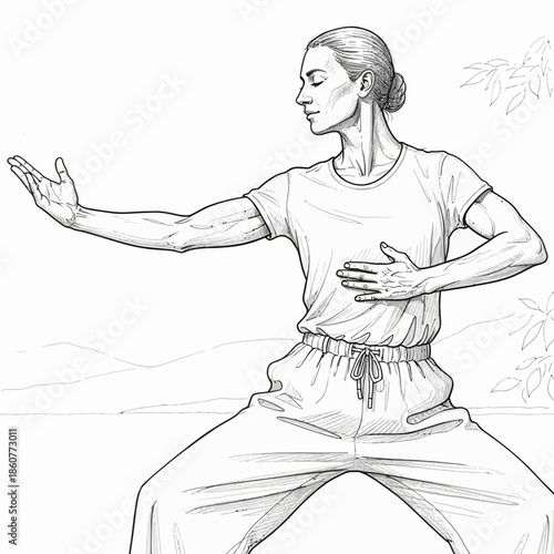 Woman practicing Tai Chi, meditative pose, graceful movement, peaceful outdoor setting, line art