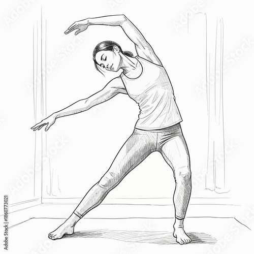 Woman practicing yoga side bend stretch, sketch illustration, fitness and wellness