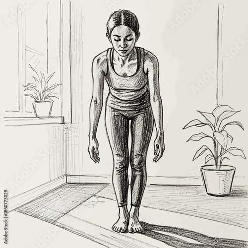 Woman practicing yoga, standing forward bend pose, sketch illustration