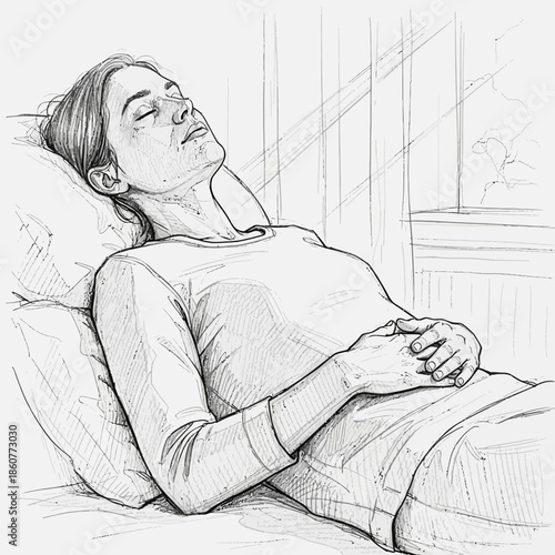 Woman Sleeping Peacefully in Bed, Sunlight Streaming Through Window, Sketch Art