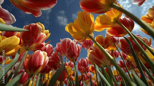 Low Angle View of Colorful Tulip Flower Field Blowing in Wind Video.